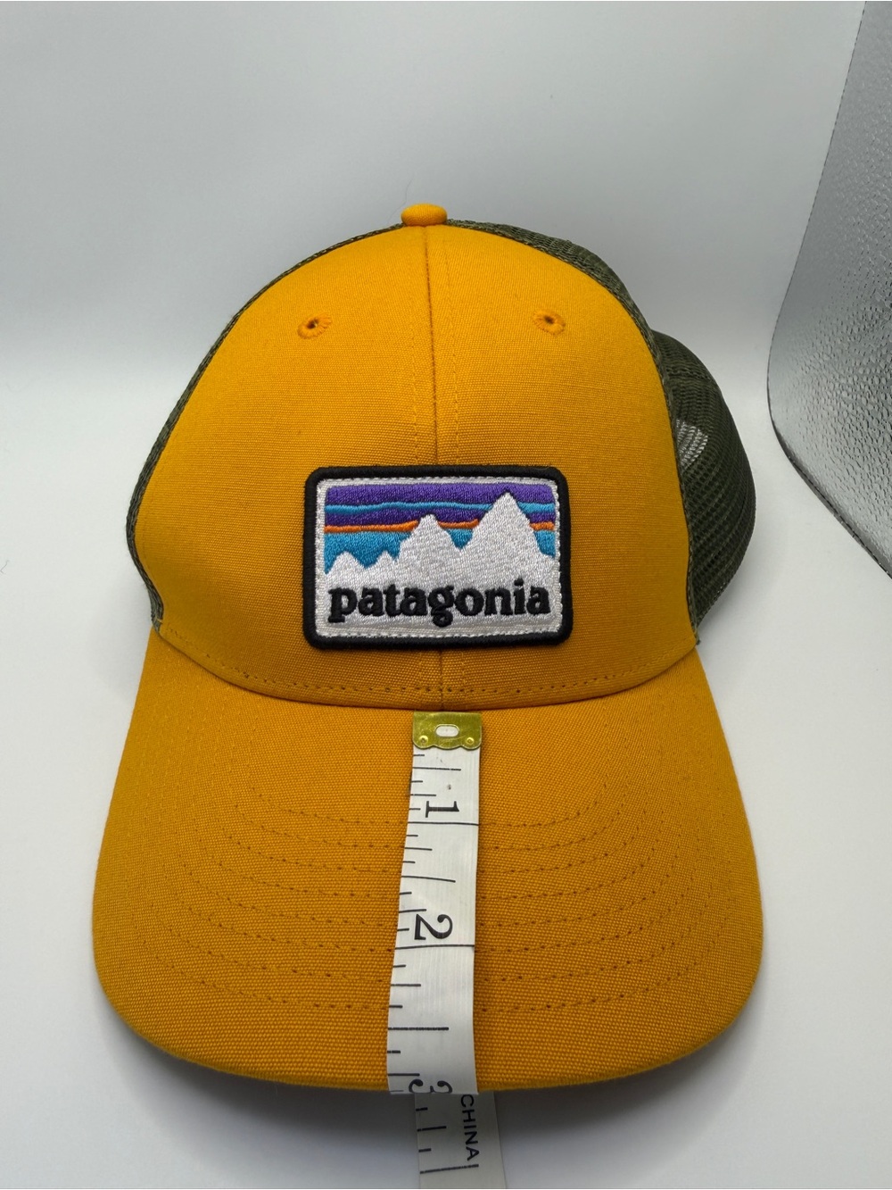 Patagonia P-6 Logo Trucker Hat in Yellow and Olive Green - Picture 9 of 10
